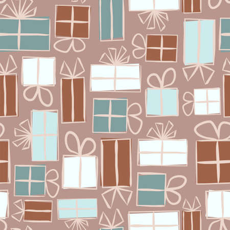 Seamless pattern for gift wrapping paper. Background with gift boxes with bows. Hand-drawn gift boxes in doodle style. Vector illustrationのイラスト素材