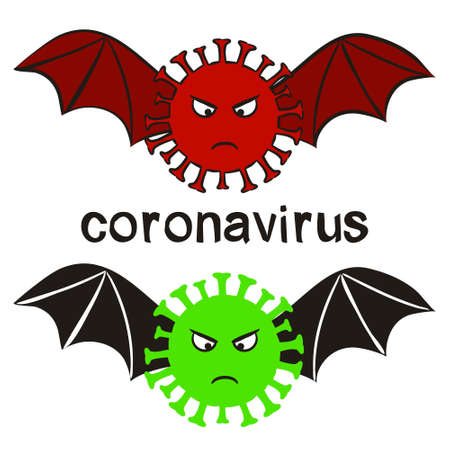Icon of a coronavirus in the form of a bat. Evil red and green poisonous virus. No Infection and Stop Coronavirus Concepts. Isolated Vector Iconのイラスト素材