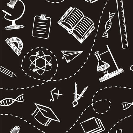 Seamless pattern of hand-drawn school elements in chalk style. Drawing white strokes on a black background. Background for notebooks, textbooks, school and education topics. Vector illustrationのイラスト素材
