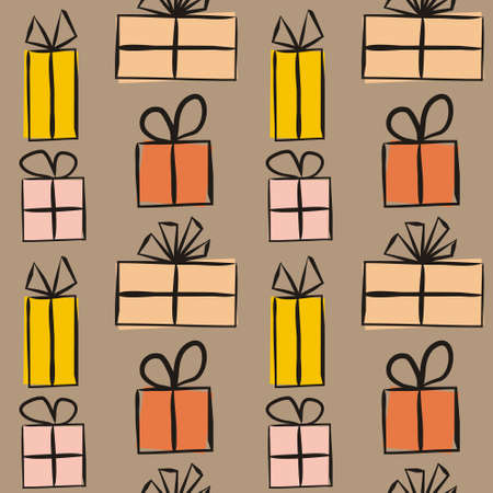 Seamless pattern for gift wrapping paper. Brown background with Yellow-orange gift boxes with bows. Hand-drawn gift boxes in doodle style. Vector illustrationのイラスト素材