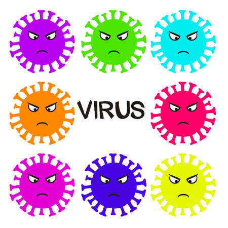 Multicolored coronavirus icon set with evil emoji. No Infection and Stop Coronavirus Concepts. Isolated Vector Iconのイラスト素材