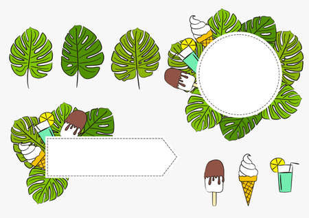 Sticker templates for the summer theme. Icons of monstera, ice cream and cocktail leaves for summer design. The second illustration on the theme of summer, sun, heat and relaxation.のイラスト素材