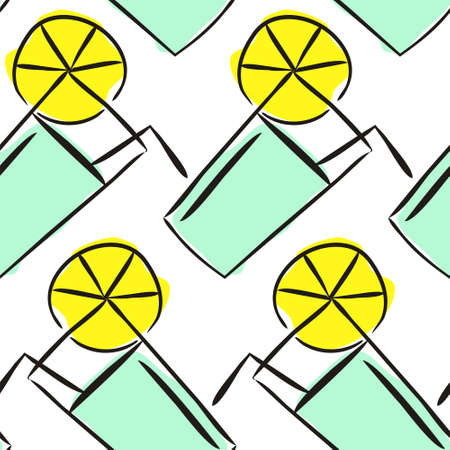 Seamless hand drawn summer pattern. Bright sunny background with cool cocktail and citrus. The vector illustration on the theme of summer, sun, heat and relaxation.のイラスト素材