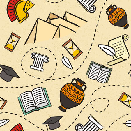 Seamless pattern of the school subject of history. Sand background with pyramids, scrolls, hourglass, archeology and Roman helmet in doodle style. Vector illustration for educational projects.のイラスト素材