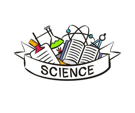 Education Poster in hand drawn style. Science elements whith white ribbon for text. Vector Template for design on the theme of training, education, science, university, school, collegeのイラスト素材