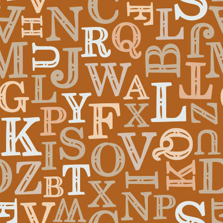Seamless lettering pattern. Vintage beige latin letters on a brown background. School and learning theme. Decorative alphabet. Vector illustrationのイラスト素材