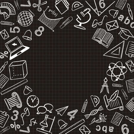 Pattern with school elements in chalky style. Round frame for the design of school photo albums, books, presentations and posters. Hand drawn vector school icons on cell background. Back to school.のイラスト素材