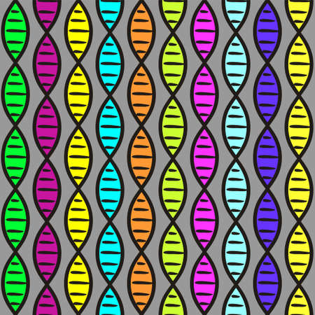 Seamless science pattern. Hand-drawn DNA molecules painted in acid colors. Background on the theme of medicine, science, biology, research and education. Vector illustrationのイラスト素材
