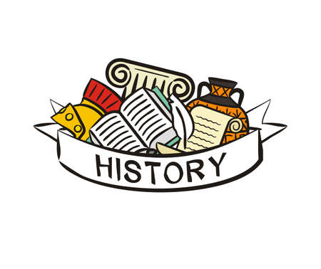 Education Poster in hand drawn style. History elements whith white ribbon for text. Vector Template for design on the theme of training, education, history, university, school, collegeのイラスト素材
