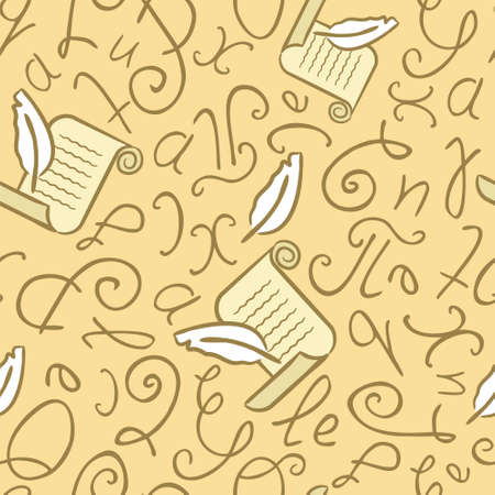 Seamless pattern on a literary theme. Handwritten letters and scrolls with feathers on a beige background. Vector illustration for historical, literary, educational and educational projects.のイラスト素材
