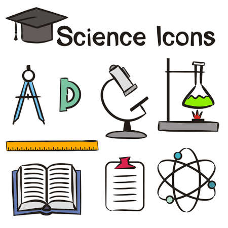 Set of hand-drawn icons on the theme of Science. Pictograms of an open book, GMicroscope, ruler, molecule, chemical burner. Vector illustration on the theme of science, chemistry, physics or educationのイラスト素材