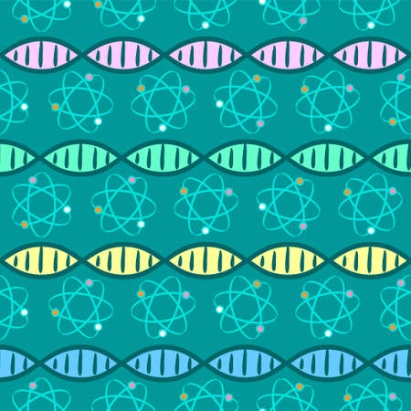 Seamless science pattern. Hand-drawn DNA molecules and ellipses with protons and electrons. Background on the theme of medicine, science, biology, physics, research and education. Vector illustrationのイラスト素材
