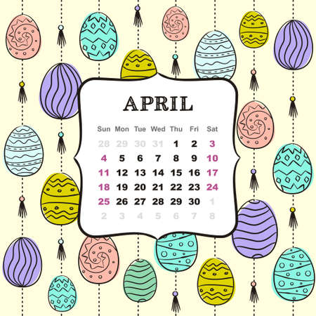 Thematic template for a calendar for 2021. The month of April. Decoration for the calendar with Easter colorful eggs. Pattern for printing yearbooks. Vector hand-drawn illustration, doodle style.のイラスト素材