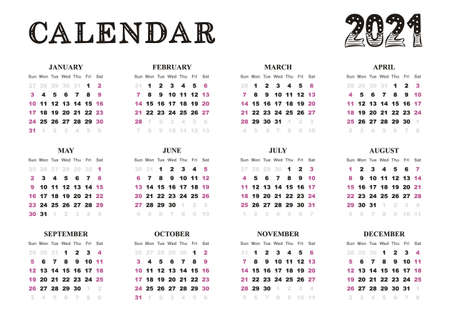 Landscape Calendar template. 2021 yearly calendar. 12 months yearly calendar set in 2021. Vector illustration.のイラスト素材