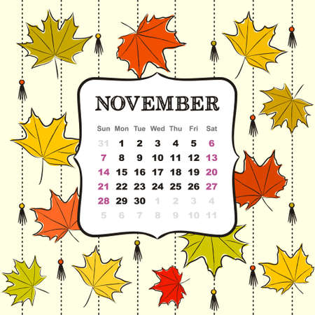 Thematic template for a calendar for 2021. The month of November. Design for the calendar on the theme of autumn, yellow and orange maple leaves. Vector hand-drawn illustration, doodle style.のイラスト素材