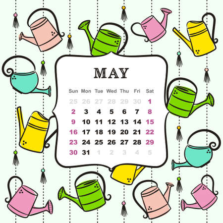 Thematic template for a calendar for 2021. The month of May. Design for the calendar on the theme of spring and garden work, colorful garden watering cans. Vector hand-drawn illustration, doodle styleのイラスト素材