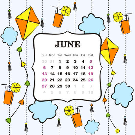 Thematic template for a calendar for 2021. The month of June. Design for the calendar on the theme of summer, clouds, kites and lemonade. Yearbooks. Vector hand-drawn illustration, doodle style.のイラスト素材