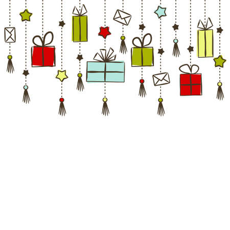 A festive pattern of gifts, envelopes and stars hanging on chains. Christmas background. Hand-drawn gift boxes in doodle style. Vector illustrationのイラスト素材