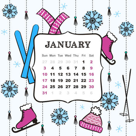 Thematic template for a calendar for 2021. The month of January. Design for a calendar with winter elements. Pattern for printing yearbooks and notebooks. Vector hand-drawn illustration, doodle style.のイラスト素材