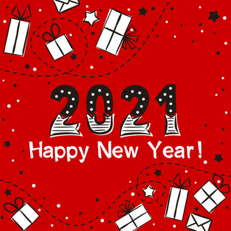Happy new year 2021. Lettering of hand-drawn numbers and gifts on a red background. 2021 calendar heading. Vector illustration for the design of New Year cards and posters.のイラスト素材