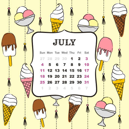 Thematic template for a calendar for 2021. The month of July. Design for the calendar on the theme of summer, heat, popsicle and ice cream in a waffle. Vector hand-drawn illustration, doodle style.のイラスト素材