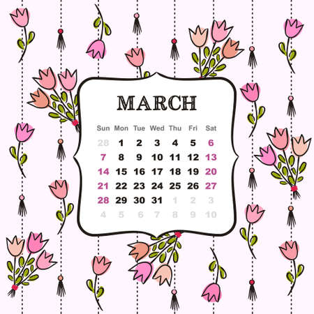 Thematic template for a calendar for 2021. The month of March. Decoration for the calendar with tulips and bouquets for Womens Day. Yearbook. Vector hand-drawn illustration, doodle style.のイラスト素材