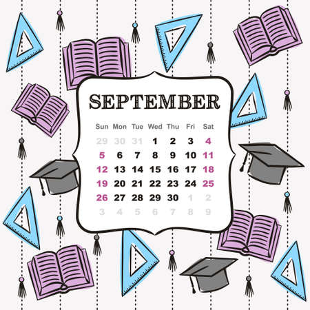 Thematic template for a calendar for 2021. September month. Design for the calendar on the theme of autumn, school, education and the day of knowledge. Vector hand-drawn illustration, doodle style.のイラスト素材