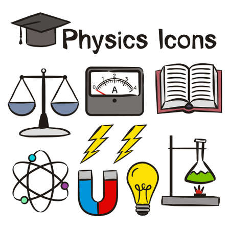 Set of hand-drawn icons on the theme of Physics. Pictograms of ammeter, molecules, flask, magnet, light bulb, lightning, discharge, scales. Vector illustration on the theme of science or educationのイラスト素材