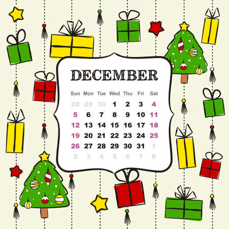 Thematic template for a calendar for 2021. The month of December. Design for the calendar on the theme of winter, Christmas, New Year, elegant Christmas tree and gifts. Vector hand-drawn illustrationのイラスト素材