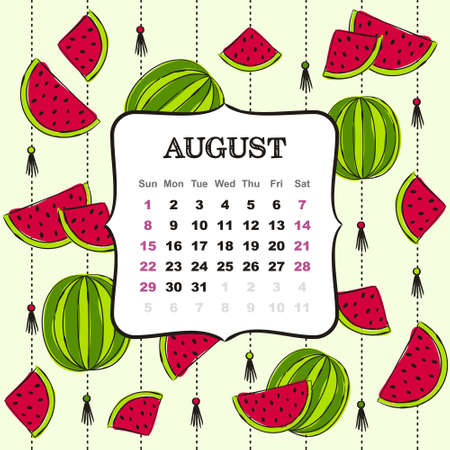 Thematic template for a calendar for 2021. The month of August. Design for a calendar on the theme of summer, heat and juicy watermelons. Yearbooks. Vector hand-drawn illustration, doodle style.のイラスト素材