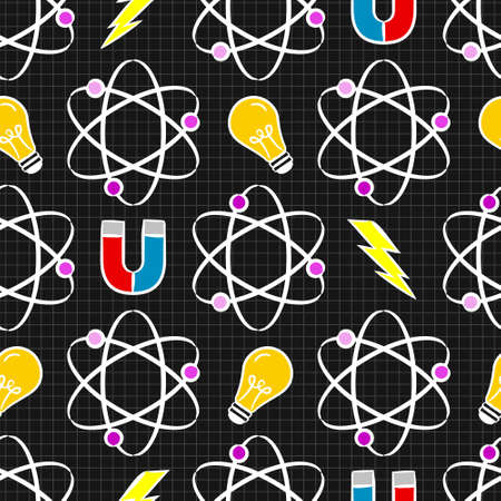 Seamless doodle pattern with school elements. Pattern with physics objects ammeter, molecules, flask, calculator, magnet, light bulb, lightning, discharge. Vector background.のイラスト素材