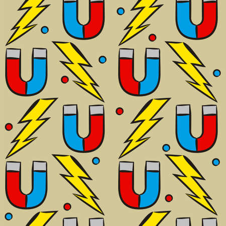 Seamless doodle pattern with school elements. Pattern with physics objects ammeter, molecules, flask, calculator, magnet, light bulb, lightning, discharge. Vector background.のイラスト素材