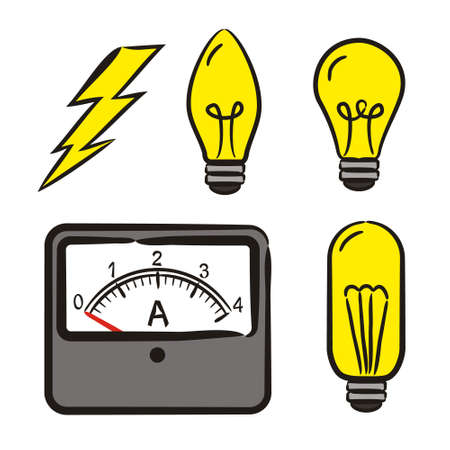 Set of hand-drawn icons on the theme of Physics. Pictograms of ammeter, light bulb, lightning, discharge. Vector illustration on the theme of science, electricity or educationのイラスト素材