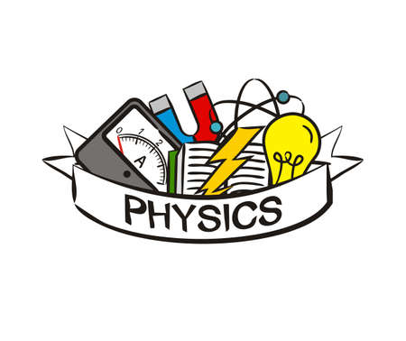 Education Poster in hand drawn style. Physics and Science elements whith white ribbon for text. Vector Template for design on the theme of training, education, physics, university, school, collegeのイラスト素材