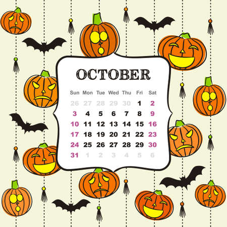 Thematic template for a calendar for 2021. Month of October. Design for the calendar on the theme of autumn, pumpkins, Halloween and bats. Vector hand-drawn illustration, doodle style.のイラスト素材
