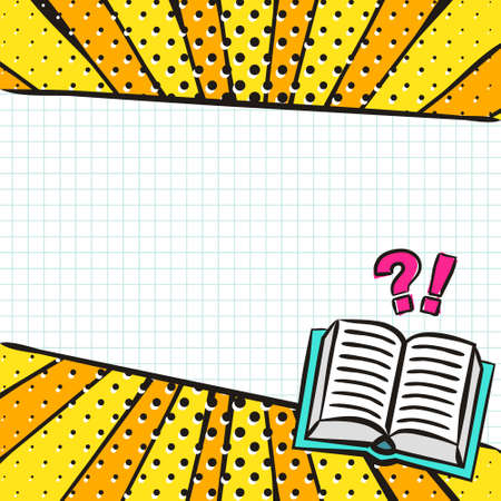 Bright comic empty speech bubble in popart style for school. White box for text with book. Square web banner for social media post template. Vector illustration, vintage design.のイラスト素材