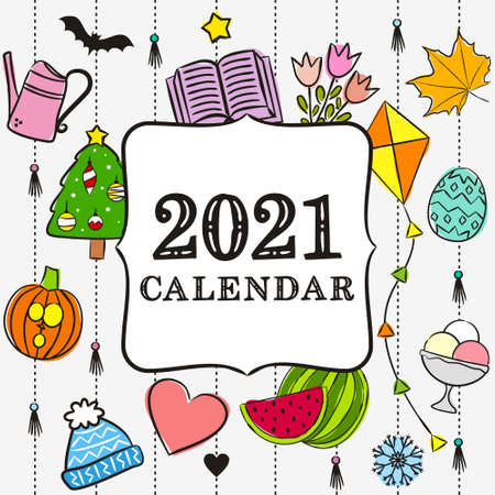 Thematic template for a calendar for 2021. Cover for the calendar with the seasons. Pattern for printing yearbooks and notebooks. Vector hand-drawn illustration, doodle style.のイラスト素材