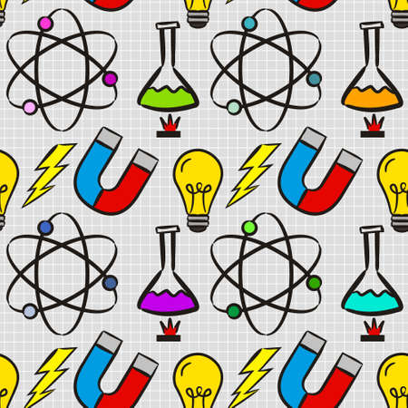 Seamless doodle pattern with school elements. Pattern with physics objects ammeter, molecules, flask, calculator, magnet, light bulb, lightning, discharge. Vector background.のイラスト素材