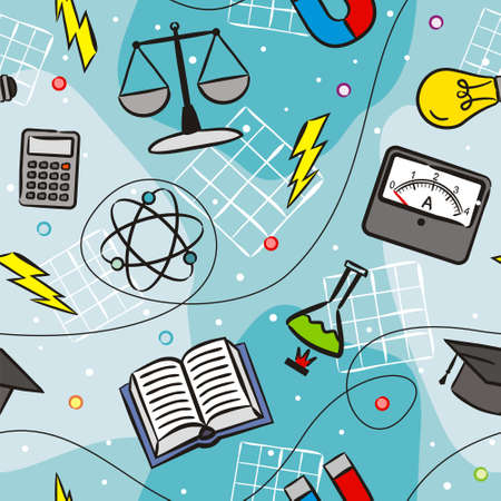 Seamless doodle pattern with school elements. Pattern with physics objects ammeter, molecules, flask, calculator, magnet, light bulb, lightning, discharge. Vector background.のイラスト素材