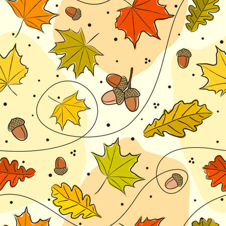 Seamless autumn pattern. Background from hand-drawn autumn maple leaves and stars. Fall Vector doodle style illustration for calendar, season, fabric, cover or banner.のイラスト素材