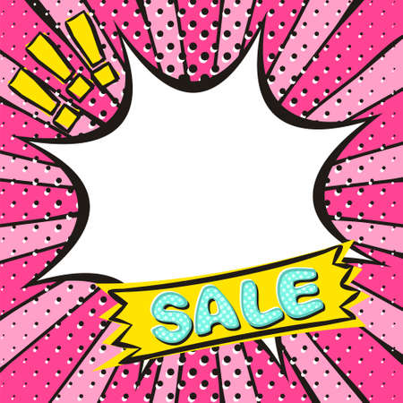Bright banner for discounts or sales in the style of popart. Explosion on a bright pink background. Template for web design, banners, coupons, applications and posters. Vector illustration.のイラスト素材