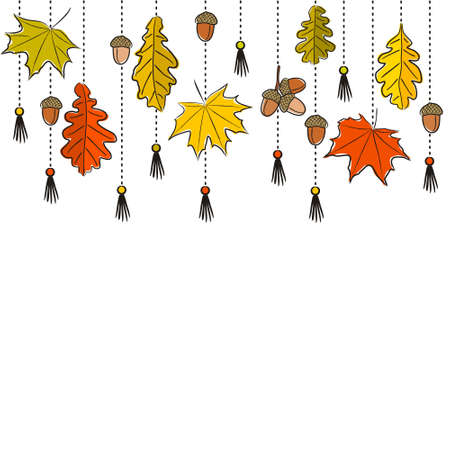 Autumn pattern. Pattern of hand-drawn acorns, maple and oak leaves suspended on chains. Fall Vector doodle style illustration for calendar, season, fabric, cover or banner.のイラスト素材
