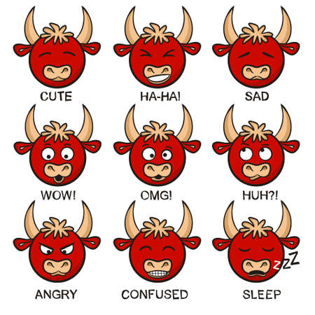Bull or cow emoji. Funny hand drawn goby. Animals vector illustration. Doodle bull a Symbol of 2021.のイラスト素材
