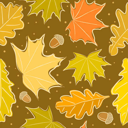 Seamless autumn pattern. Background from hand-drawn autumn maple leaves and stars. Fall Vector doodle style illustration for calendar, season, fabric, cover or banner.のイラスト素材