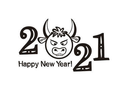 Happy new year 2021. Black Logo of hand-drawn numbers and bull on a white background. 2021 calendar heading. Vector illustration for the design of New Year cards and posters.のイラスト素材
