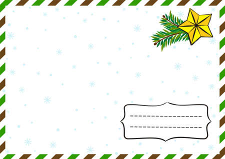 New Year's postcard. New Year greeting card template for sending. Christmas decor. Vector illustration on the theme of air mail and the new year. Christmas fir branches and golden star.のイラスト素材