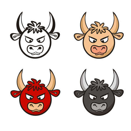 Set of hand-drawn evil bull icons. Black and white and color picture of a bull isolated on a white background. Vector illustration on the theme of anger, year of the bull, 2021 and nature.のイラスト素材