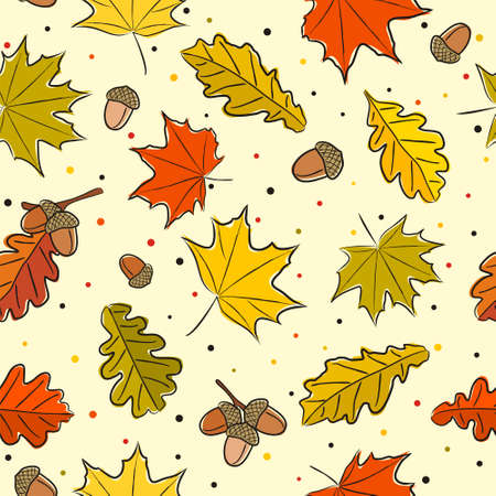 Seamless autumn pattern. Background from hand-drawn autumn maple leaves and stars. Fall Vector doodle style illustration for calendar, season, fabric, cover or banner.のイラスト素材