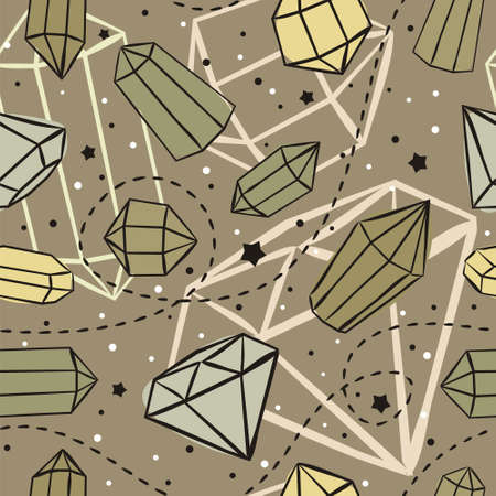 Seamless vector pattern with crystals and stars. Hand-drawn gemstones, diamonds, diamonds, emeralds and rubies. Vector illustration for jewelry store, bijouterie, magic and miracle.のイラスト素材