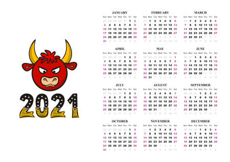 Landscape Calendar template. 2021 yearly calendar. 12 months yearly calendar set in 2021. Year of the bull. Picture of a red bull with golden horns. Vector illustration.のイラスト素材